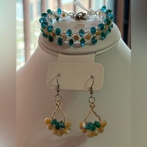 Hand crafted Natural Mother of Pearl and blue Czech beaded bracelet earrings set